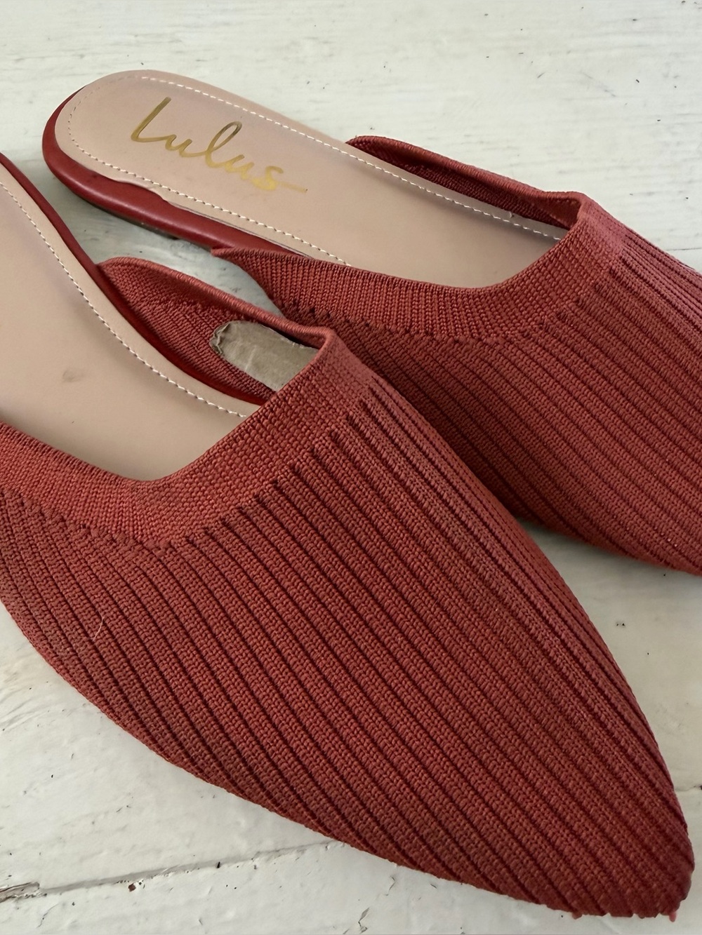 rust orange ribbed knit slip-on mules